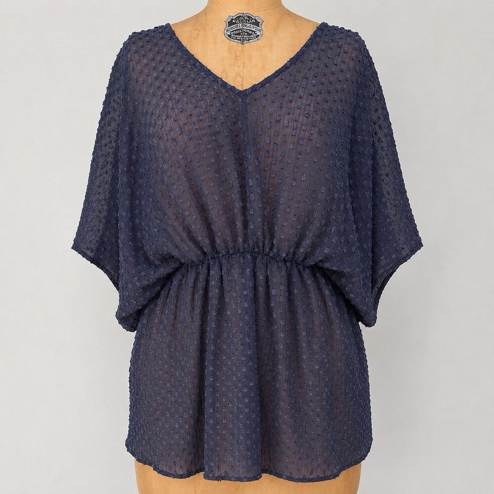 Free People S Navy Blue Swiss‎ Dot Sheer Tunic Blouse Dolman Sleeve Boho